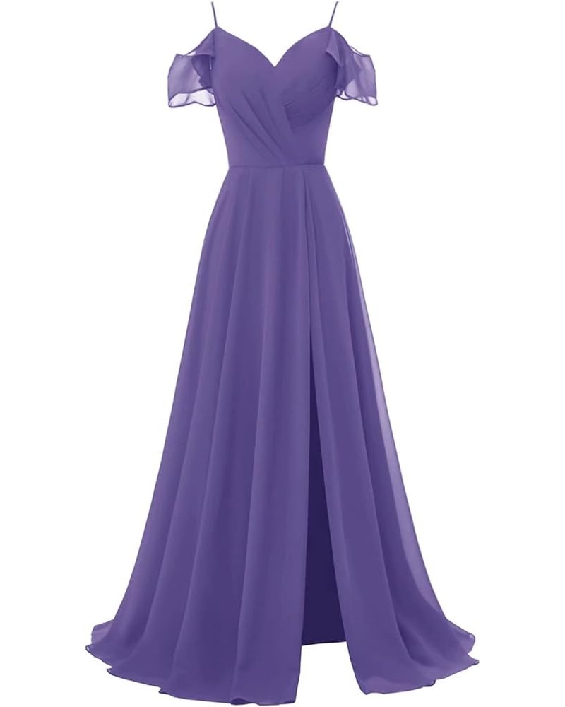 V Neck Bridesmaid Dresses Long Chiffon Ruffle Sleeves Formal Evening Wedding Party Dress for Women with Slit Light Purple $30...