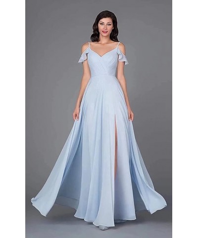 V Neck Bridesmaid Dresses Long Chiffon Ruffle Sleeves Formal Evening Wedding Party Dress for Women with Slit Light Purple $30...