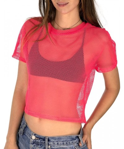 Sheer Mesh Fishnet Rave Festival Women's Crop Top Neon Pink $9.41 Bras