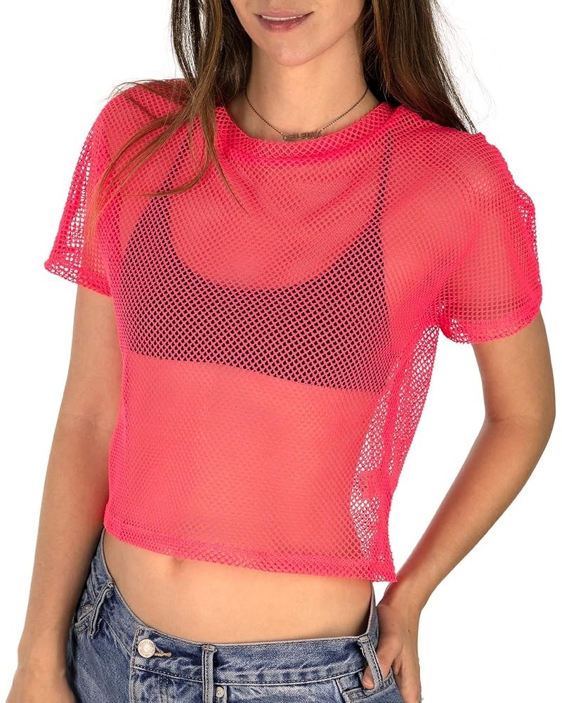 Sheer Mesh Fishnet Rave Festival Women's Crop Top Neon Pink $9.41 Bras