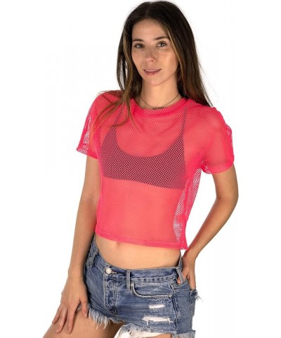 Sheer Mesh Fishnet Rave Festival Women's Crop Top Neon Pink $9.41 Bras