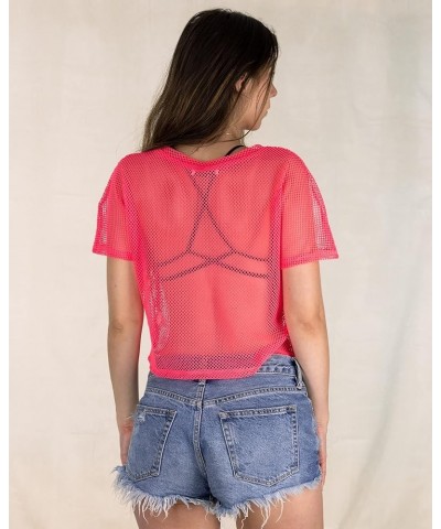 Sheer Mesh Fishnet Rave Festival Women's Crop Top Neon Pink $9.41 Bras