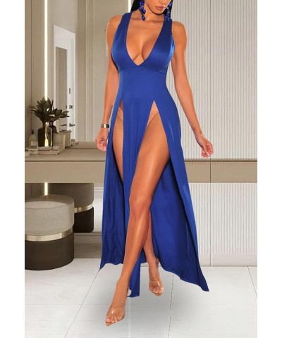 Women's Sexy V Neck Sleeveless High Split Club Party Maxi Dresses Blue $20.39 Dresses