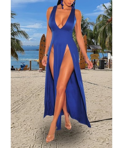 Women's Sexy V Neck Sleeveless High Split Club Party Maxi Dresses Blue $20.39 Dresses