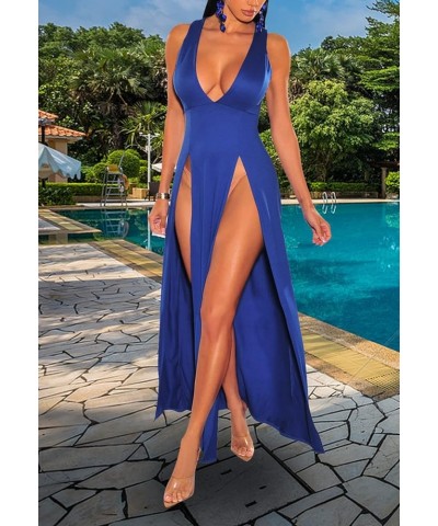 Women's Sexy V Neck Sleeveless High Split Club Party Maxi Dresses Blue $20.39 Dresses