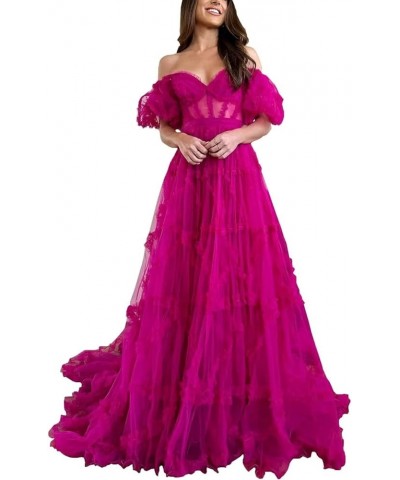 Off Shoulder Prom Dresse Long Ball Gown with Puffy Sleeves for Teens Girls Tulle Ruched Fromal Evening Gowns Fuchsia $38.72 D...