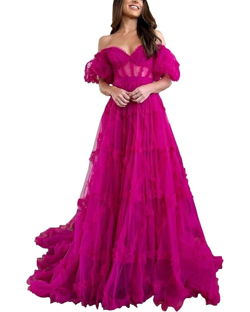 Off Shoulder Prom Dresse Long Ball Gown with Puffy Sleeves for Teens Girls Tulle Ruched Fromal Evening Gowns Fuchsia $38.72 D...