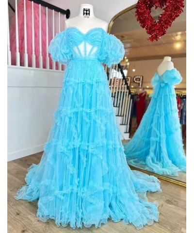 Off Shoulder Prom Dresse Long Ball Gown with Puffy Sleeves for Teens Girls Tulle Ruched Fromal Evening Gowns Fuchsia $38.72 D...