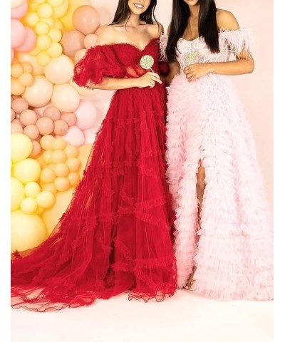 Off Shoulder Prom Dresse Long Ball Gown with Puffy Sleeves for Teens Girls Tulle Ruched Fromal Evening Gowns Fuchsia $38.72 D...