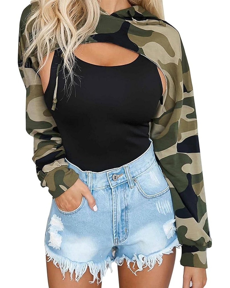 Women Long Sleeve Cropped Super Crop Top Hoodies Sweatshirt Aesthetic Punk Hip Hop Dance Sexy Rave Cloth Green Camo $11.39 Ho...