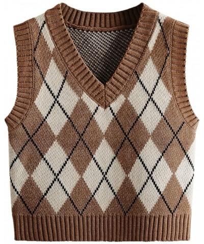 Women V Neck Cute Argyle Preppy Style Knit Vest Sweater for Women Sleeveless Tank Top Khaki $11.50 Sweaters