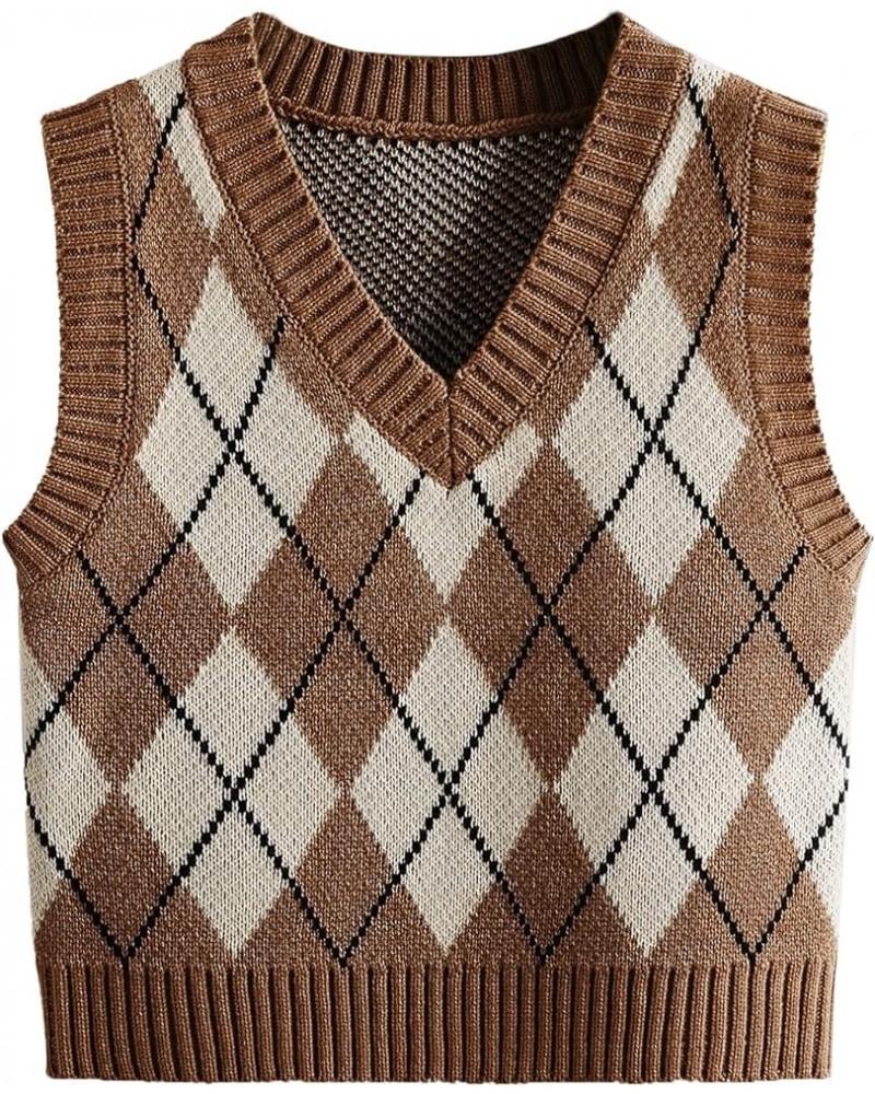 Women V Neck Cute Argyle Preppy Style Knit Vest Sweater for Women Sleeveless Tank Top Khaki $11.50 Sweaters