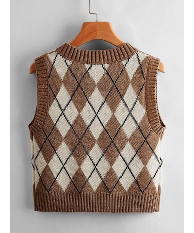 Women V Neck Cute Argyle Preppy Style Knit Vest Sweater for Women Sleeveless Tank Top Khaki $11.50 Sweaters