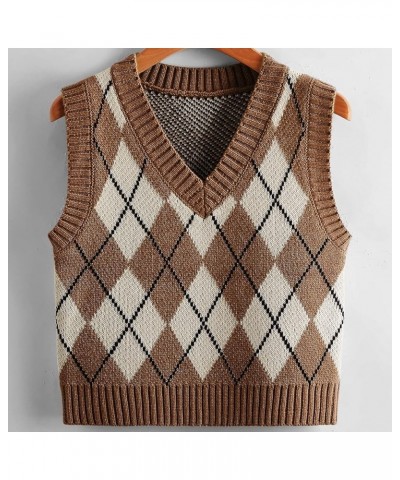 Women V Neck Cute Argyle Preppy Style Knit Vest Sweater for Women Sleeveless Tank Top Khaki $11.50 Sweaters