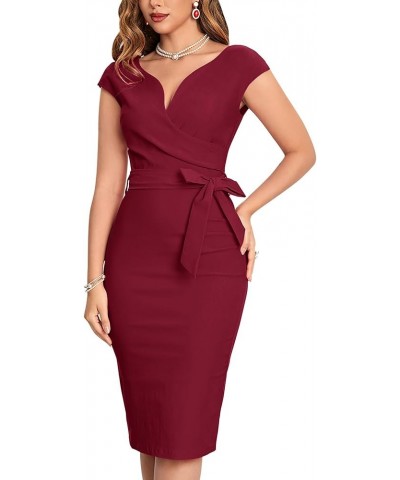 Women's Vintage 1950s Style Wrap V Neck Tie Waist Formal Cocktail Dress Burgundy $22.57 Dresses