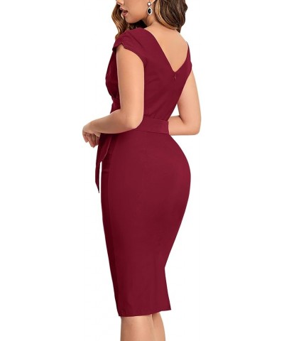 Women's Vintage 1950s Style Wrap V Neck Tie Waist Formal Cocktail Dress Burgundy $22.57 Dresses