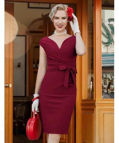 Women's Vintage 1950s Style Wrap V Neck Tie Waist Formal Cocktail Dress Burgundy $22.57 Dresses