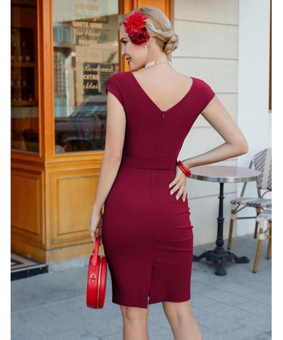 Women's Vintage 1950s Style Wrap V Neck Tie Waist Formal Cocktail Dress Burgundy $22.57 Dresses