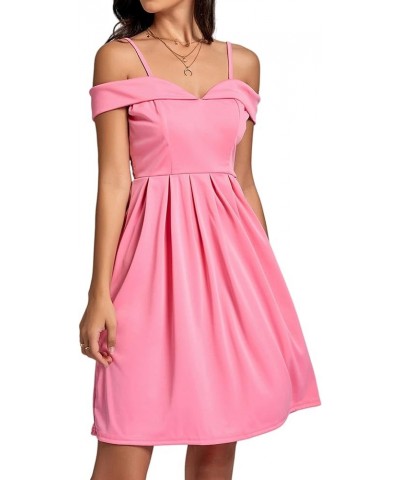 Women's Cold Shoulder Sweetheart Neck Off Shoulder Pleated Flowy Short Dress Pink $20.68 Dresses