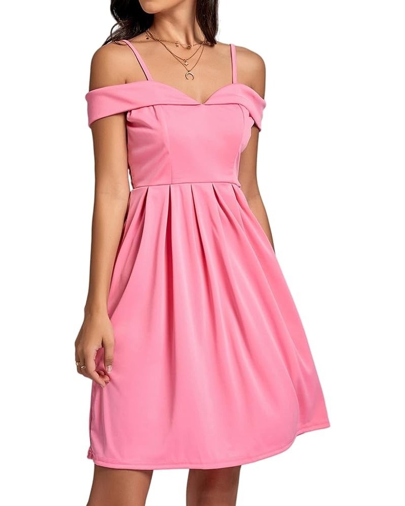 Women's Cold Shoulder Sweetheart Neck Off Shoulder Pleated Flowy Short Dress Pink $20.68 Dresses