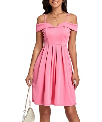 Women's Cold Shoulder Sweetheart Neck Off Shoulder Pleated Flowy Short Dress Pink $20.68 Dresses