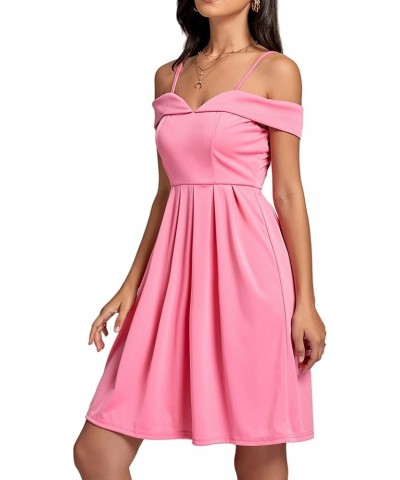 Women's Cold Shoulder Sweetheart Neck Off Shoulder Pleated Flowy Short Dress Pink $20.68 Dresses