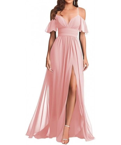 V Neck Off Shoulder Bridesmaid Dresses - Long Formal Dress for Wedding Chiffon Blush Pink $34.57 Dresses