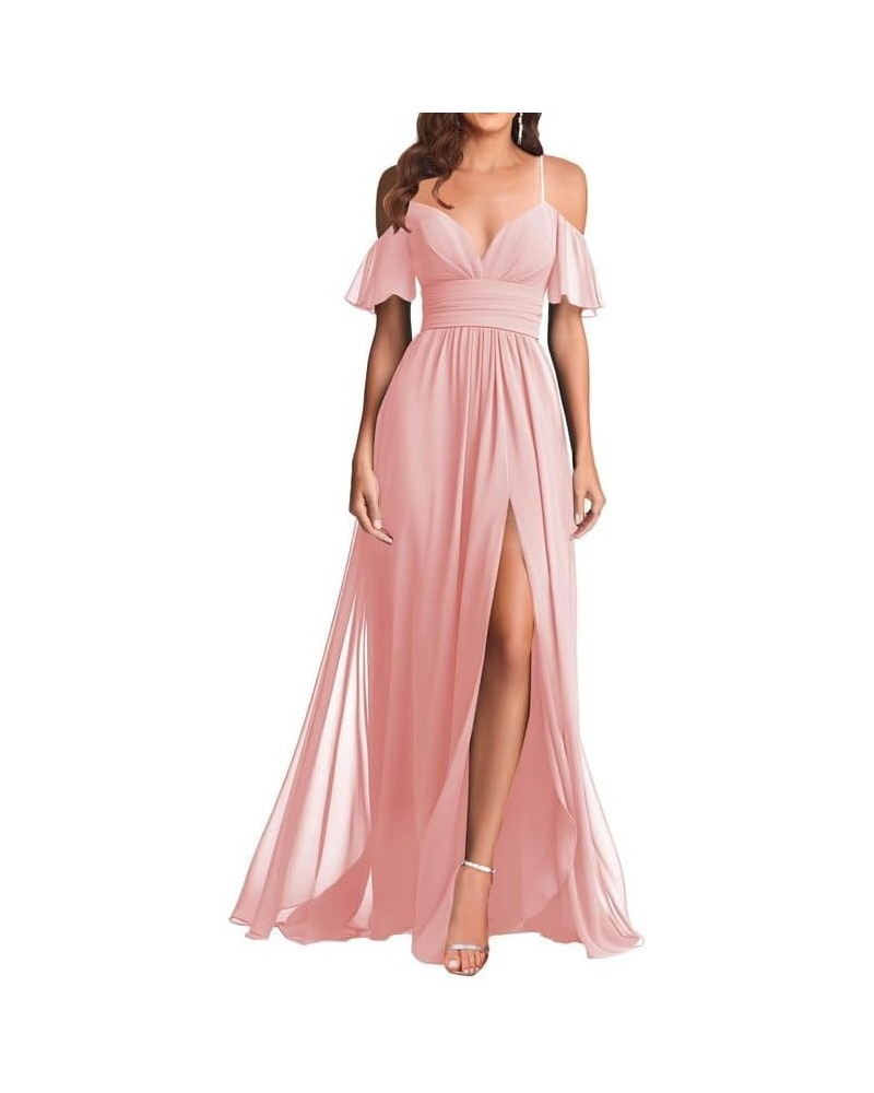 V Neck Off Shoulder Bridesmaid Dresses - Long Formal Dress for Wedding Chiffon Blush Pink $34.57 Dresses