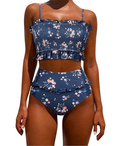 Women's Bandeau Bikini Sets Cute Shirred Swimsuit High Waisted Bathing Suit 4-navy Blue Flower $20.06 Swimsuits