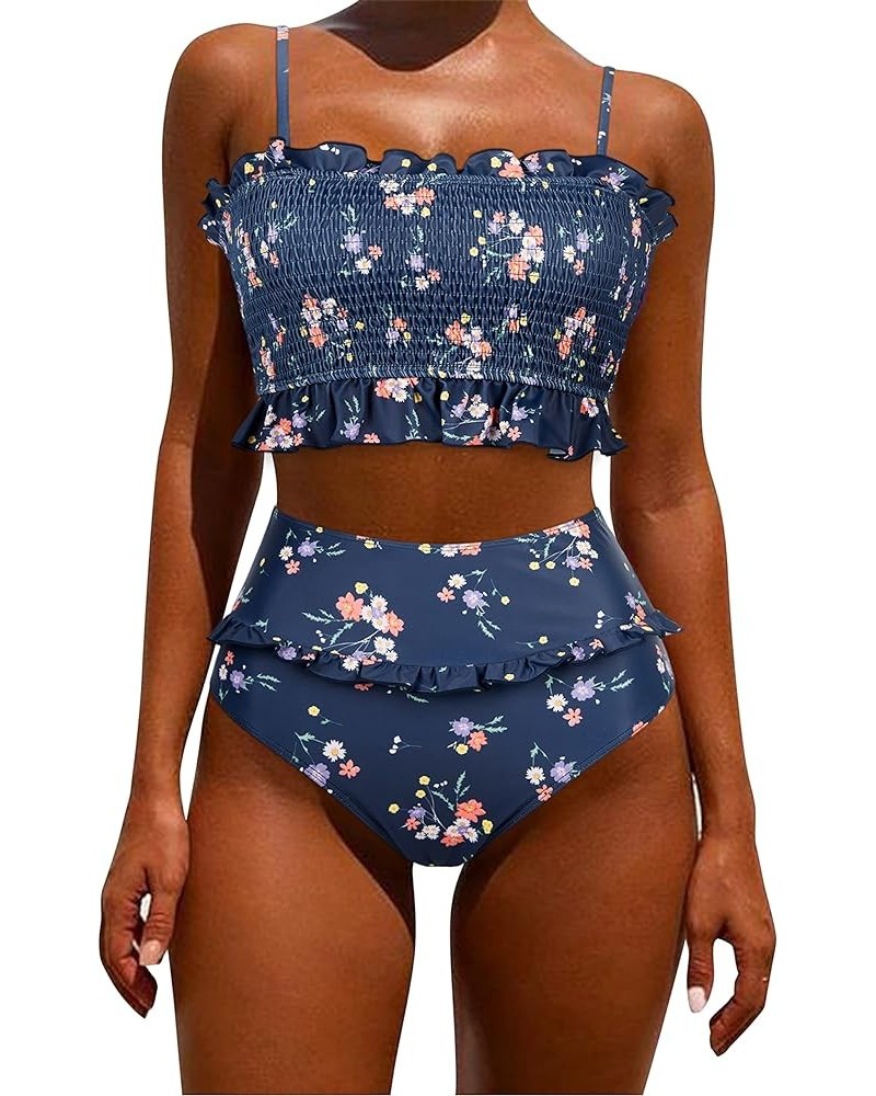 Women's Bandeau Bikini Sets Cute Shirred Swimsuit High Waisted Bathing Suit 4-navy Blue Flower $20.06 Swimsuits