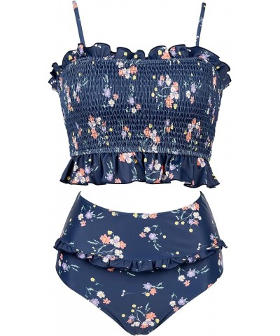 Women's Bandeau Bikini Sets Cute Shirred Swimsuit High Waisted Bathing Suit 4-navy Blue Flower $20.06 Swimsuits