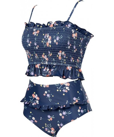 Women's Bandeau Bikini Sets Cute Shirred Swimsuit High Waisted Bathing Suit 4-navy Blue Flower $20.06 Swimsuits