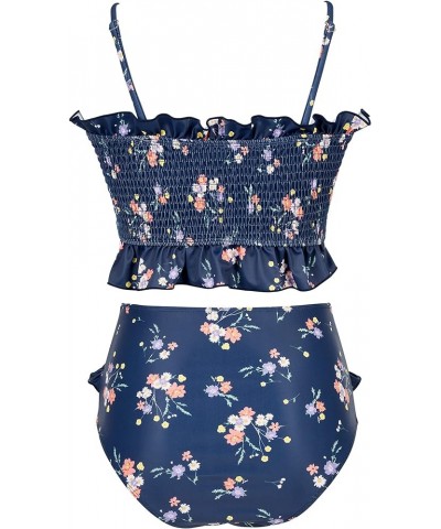 Women's Bandeau Bikini Sets Cute Shirred Swimsuit High Waisted Bathing Suit 4-navy Blue Flower $20.06 Swimsuits