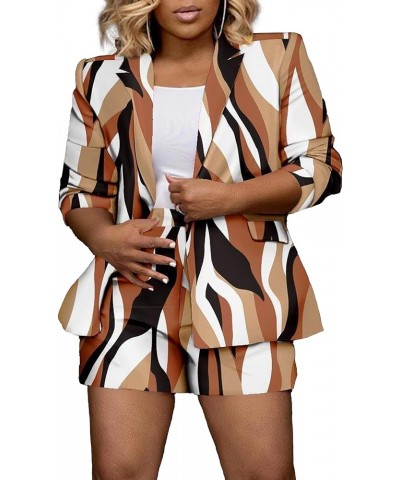 Women Elegant Print 2 Piece Business Outfits Open Front Blazer Shorts Suits Brown $21.60 Suits