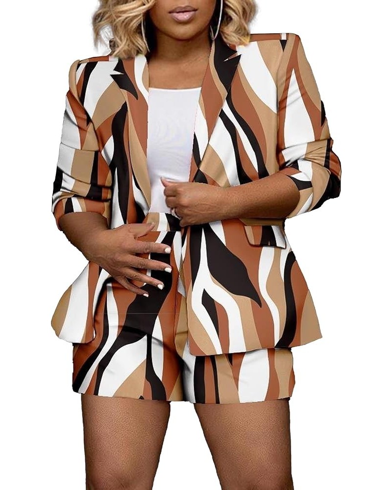 Women Elegant Print 2 Piece Business Outfits Open Front Blazer Shorts Suits Brown $21.60 Suits