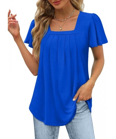 Womens Ruffle Sleeve Tops Square Neck Pleated Front T Shirts Loose Curved Hem Casual Summer Tunic S-3XL 007-royal Blue $12.74...