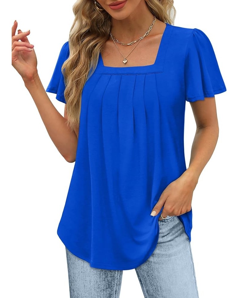 Womens Ruffle Sleeve Tops Square Neck Pleated Front T Shirts Loose Curved Hem Casual Summer Tunic S-3XL 007-royal Blue $12.74...