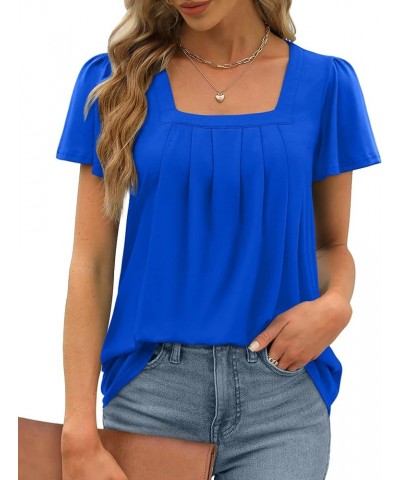 Womens Ruffle Sleeve Tops Square Neck Pleated Front T Shirts Loose Curved Hem Casual Summer Tunic S-3XL 007-royal Blue $12.74...