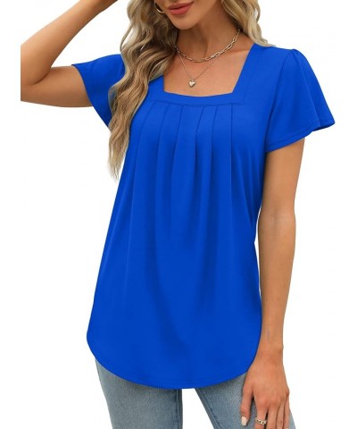 Womens Ruffle Sleeve Tops Square Neck Pleated Front T Shirts Loose Curved Hem Casual Summer Tunic S-3XL 007-royal Blue $12.74...