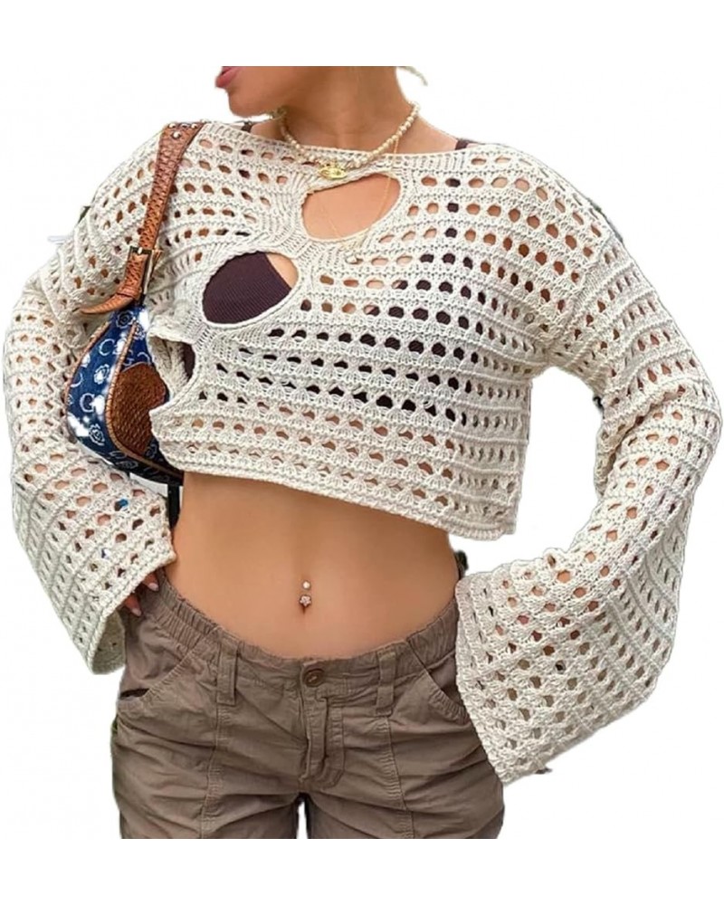 Women Y2K Knitted Crop Tops Color Block Patchwork Sweaters Long Sleeve Crochet Coverup Trendy Autumn Streetwear I-beige $17.4...