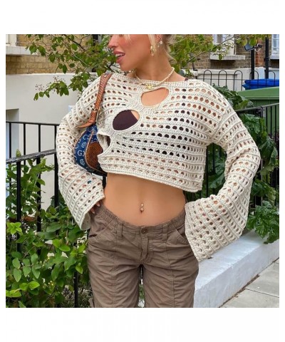 Women Y2K Knitted Crop Tops Color Block Patchwork Sweaters Long Sleeve Crochet Coverup Trendy Autumn Streetwear I-beige $17.4...