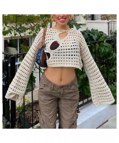 Women Y2K Knitted Crop Tops Color Block Patchwork Sweaters Long Sleeve Crochet Coverup Trendy Autumn Streetwear I-beige $17.4...