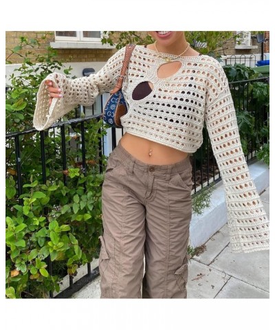 Women Y2K Knitted Crop Tops Color Block Patchwork Sweaters Long Sleeve Crochet Coverup Trendy Autumn Streetwear I-beige $17.4...