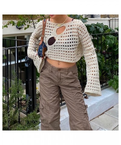 Women Y2K Knitted Crop Tops Color Block Patchwork Sweaters Long Sleeve Crochet Coverup Trendy Autumn Streetwear I-beige $17.4...