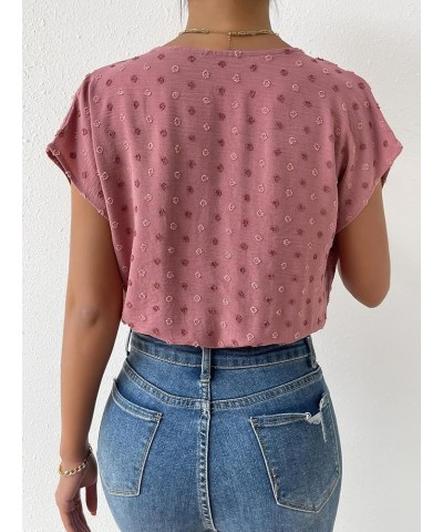 Women's Casual Swiss Dots Wrap Front V Neck Short Sleeve Bodysuit Shirt Top Dusty Pink $10.19 Bodysuits