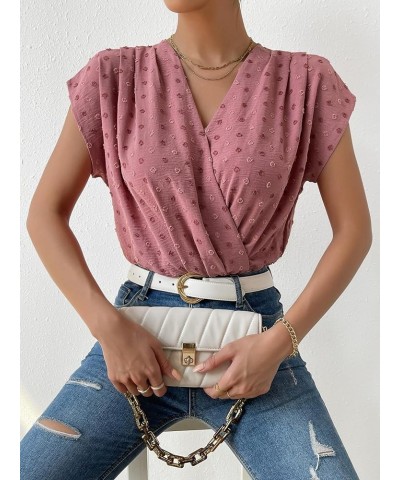 Women's Casual Swiss Dots Wrap Front V Neck Short Sleeve Bodysuit Shirt Top Dusty Pink $10.19 Bodysuits