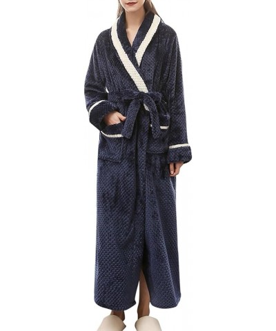 Women's Coral Fleece Nightgown Shawl Collar Winter Warm Thicken Bathrobe Sleepwear Soft Belted Long Robe with Pockets A1-navy...