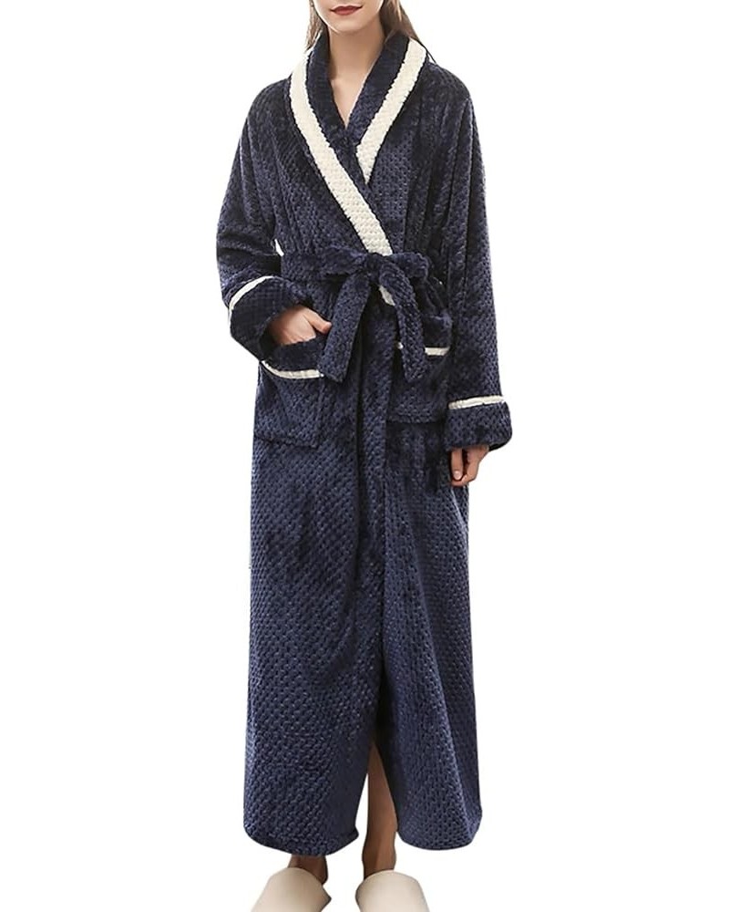 Women's Coral Fleece Nightgown Shawl Collar Winter Warm Thicken Bathrobe Sleepwear Soft Belted Long Robe with Pockets A1-navy...