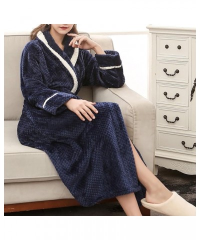 Women's Coral Fleece Nightgown Shawl Collar Winter Warm Thicken Bathrobe Sleepwear Soft Belted Long Robe with Pockets A1-navy...