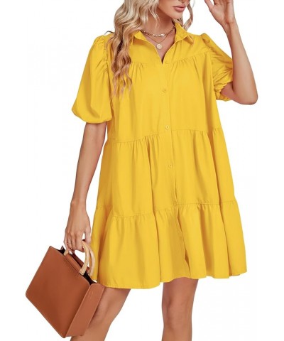 Women's Callor Button Down Puff Short Sleeve Ruffle Hem Loose Babydoll Mini Dress Yellow $18.86 Dresses